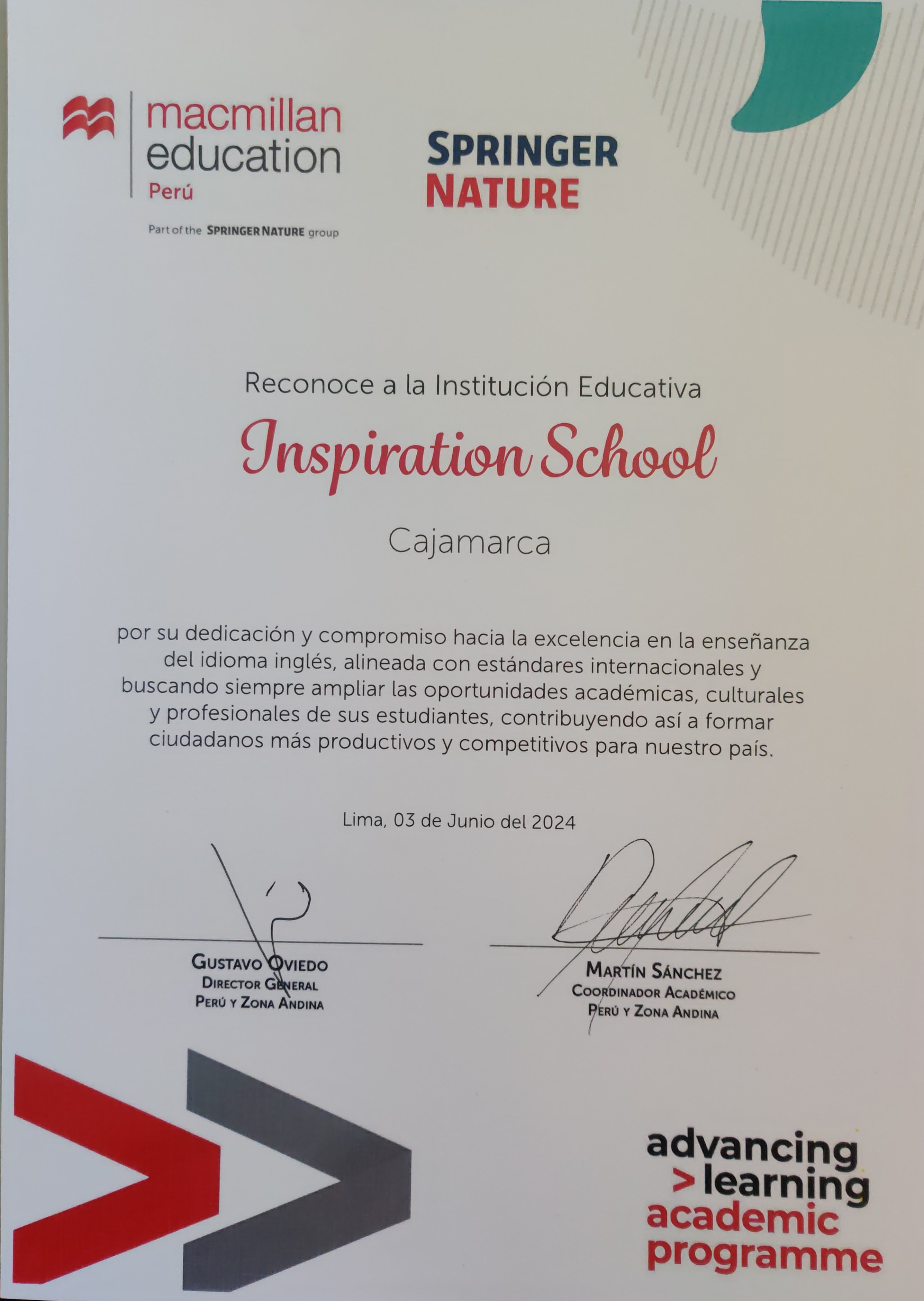 Reconocimiento a inspiration school por la enseñanza del ingles